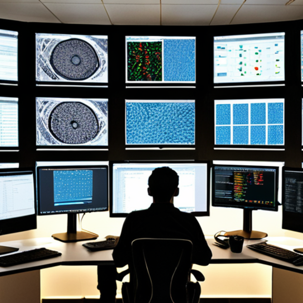 **Image Prompt:** A data scientist working at a computer, surrounded by screens displaying complex code (Python, R) and data visualizations, analyzing big data. Include tools like Pandas and NumPy. The setting should evoke a modern office in Milan.