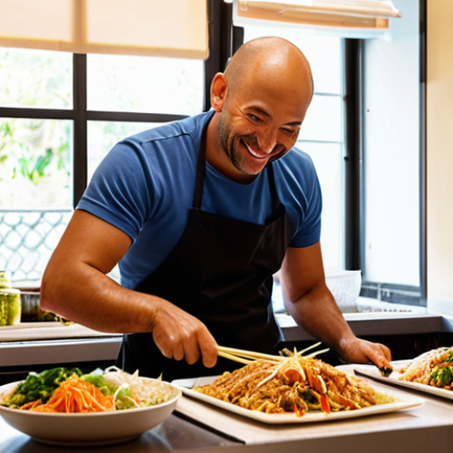 Home 14 **
A bustling Italian kitchen scene. Marco, in his late 30s, smiles confidently while overseeing the preparation of various ethnic dishes (e.g., Pad Thai, Sushi) by a diverse team. Sunlight streams in from a window, highlighting the fresh ingredients and the modern, clean design of the kitchen. The scene evokes a sense of energy, passion, and high-quality food preparation for delivery. Focus on vibrant colors and realistic details.
**