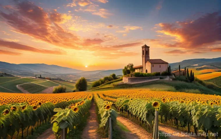 빅데이터 실무에서 발생하는 기술적 오류 해결법 - A serene Italian countryside scene during sunset. Rolling hills covered in vineyards stretch into th...