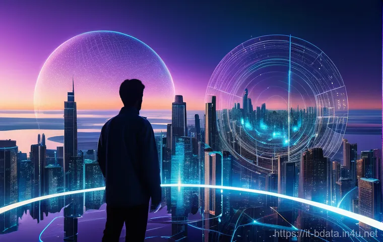 빅데이터 기술자와 다양한 언어의 데이터 분석 - **The Data Ocean Navigator:**
    "An expansive, panoramic view of a futuristic, luminous city scape...