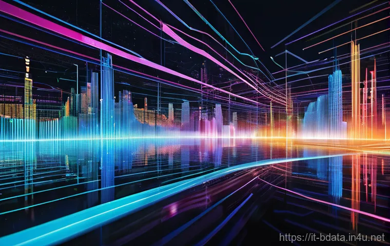 빅데이터 초보자를 위한 입문서 추천 - A vibrant, futuristic digital cityscape bustling with data. Streams of diverse information, visualiz...