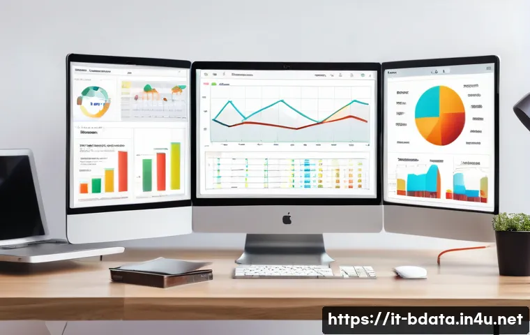 빅데이터 실무와 데이터 모델링 기술 - A modern data analyst workspace showcasing a large curved monitor displaying an interactive dashboar...