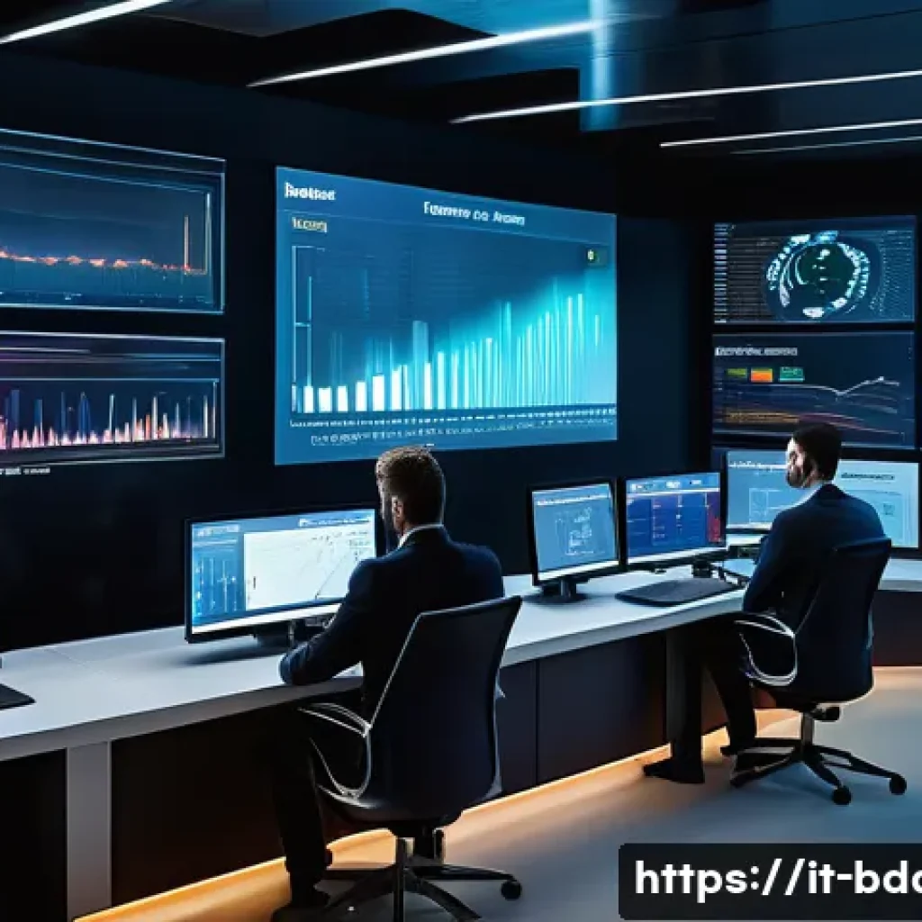 빅데이터 실무에서 실시간 데이터 분석 도구 - A high-tech corporate control room showcasing a large interactive dashboard wall displaying real-tim...