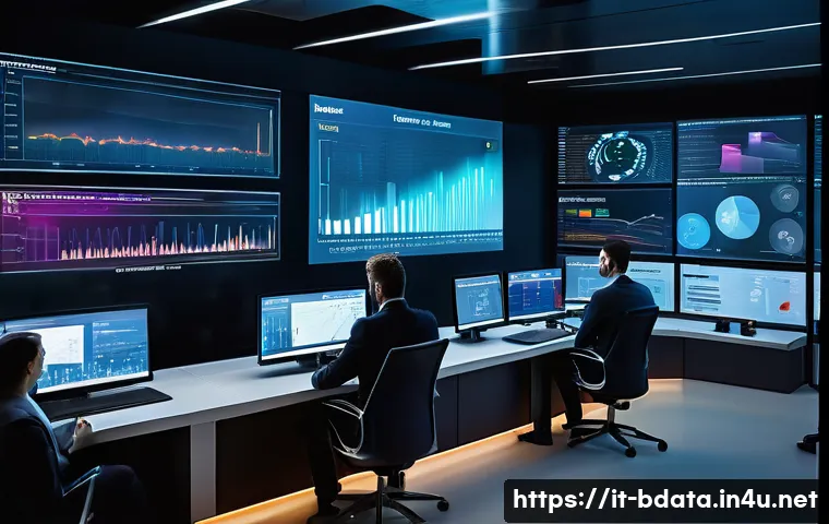 빅데이터 실무에서 실시간 데이터 분석 도구 - A high-tech corporate control room showcasing a large interactive dashboard wall displaying real-tim...