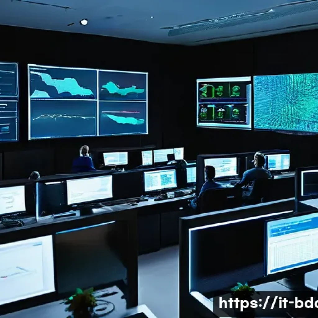 빅데이터 기술자와 사이버 보안 기술 통합 - A high-tech cybersecurity operations center in an Italian medium-sized company, featuring diverse pr...