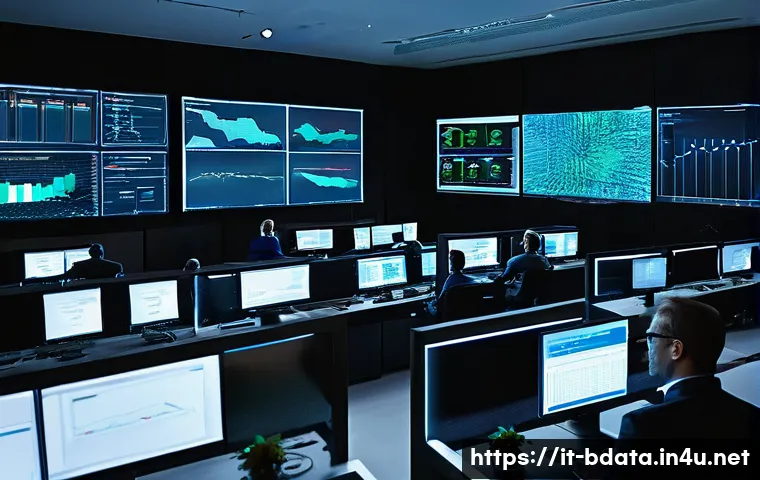 빅데이터 기술자와 사이버 보안 기술 통합 - A high-tech cybersecurity operations center in an Italian medium-sized company, featuring diverse pr...