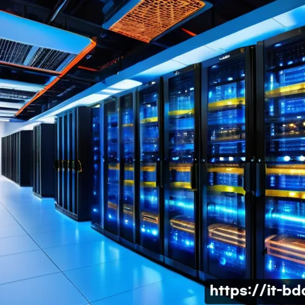빅데이터 현업 기술자와의 인터뷰 - A modern data center interior with rows of high-tech servers illuminated by cool blue and white LED ...