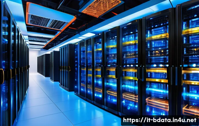 빅데이터 현업 기술자와의 인터뷰 - A modern data center interior with rows of high-tech servers illuminated by cool blue and white LED ...