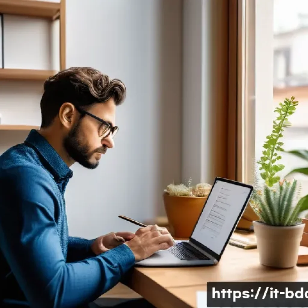 빅데이터 기술자의 지속적인 기술 학습 전략 - A professional Italian data scientist in a modern home office setting, focused on a flexible morning...