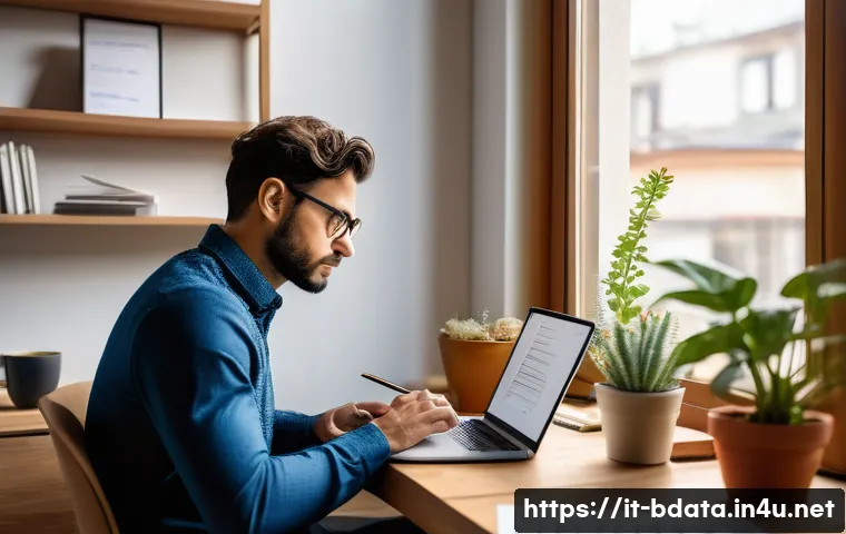 빅데이터 기술자의 지속적인 기술 학습 전략 - A professional Italian data scientist in a modern home office setting, focused on a flexible morning...