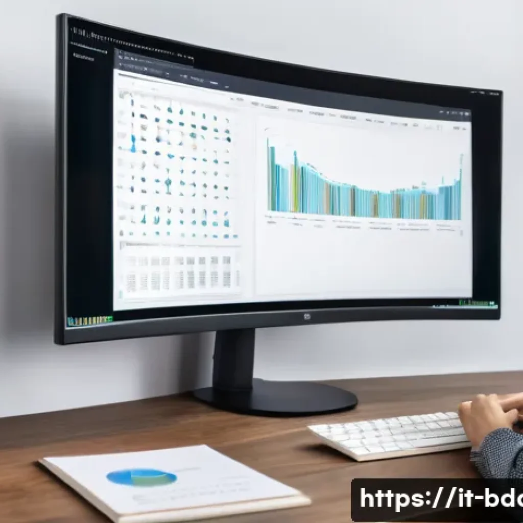 빅데이터 기술자와 파이썬의 고급 활용법 - A modern office workspace showing a data scientist working on a large curved monitor displaying Pyth...