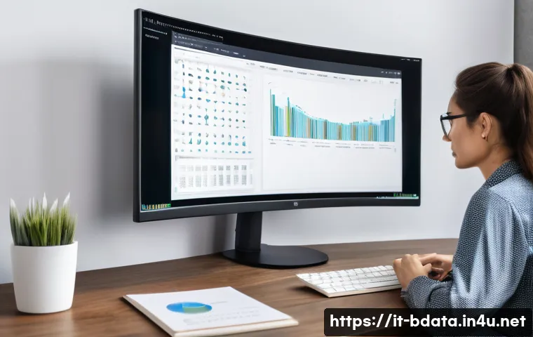 빅데이터 기술자와 파이썬의 고급 활용법 - A modern office workspace showing a data scientist working on a large curved monitor displaying Pyth...