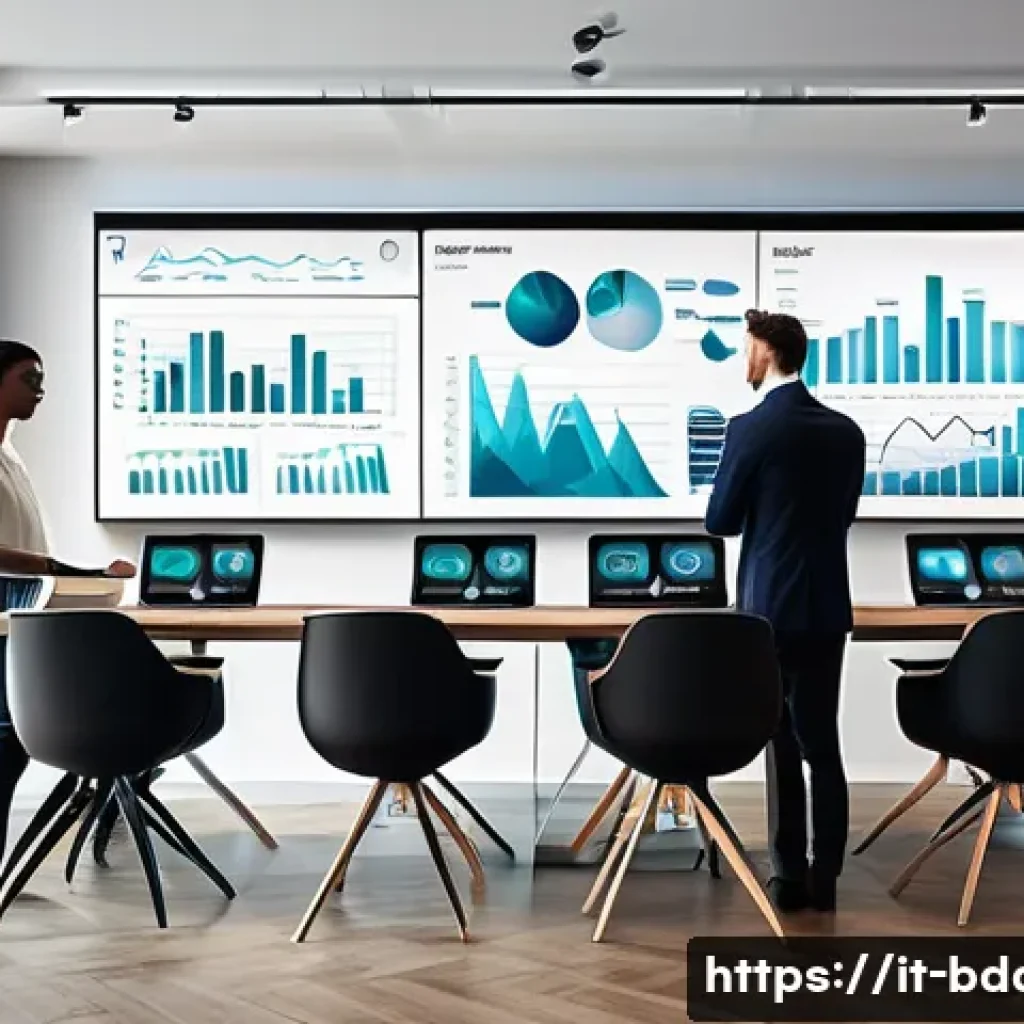 빅데이터 기술자와 데이터 시각화의 중요성 - A modern corporate office setting with a diverse team of data analysts and business professionals co...