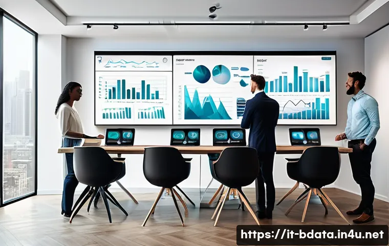빅데이터 기술자와 데이터 시각화의 중요성 - A modern corporate office setting with a diverse team of data analysts and business professionals co...