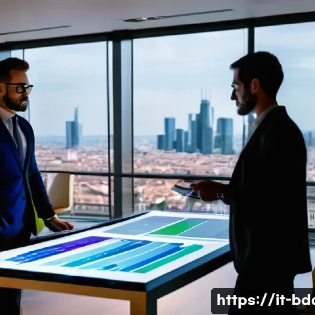 빅데이터 기술자와 다양한 산업별 데이터 분석 - A modern corporate office scene in Milan, Italy, showing diverse business professionals collaboratin...