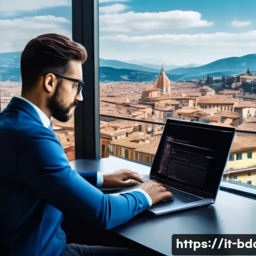 빅데이터 기술자의 직업윤리 가이드 - A professional data analyst in a modern Italian office environment, focused on privacy protection an...