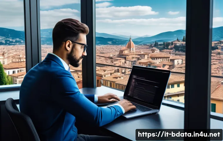 빅데이터 기술자의 직업윤리 가이드 - A professional data analyst in a modern Italian office environment, focused on privacy protection an...