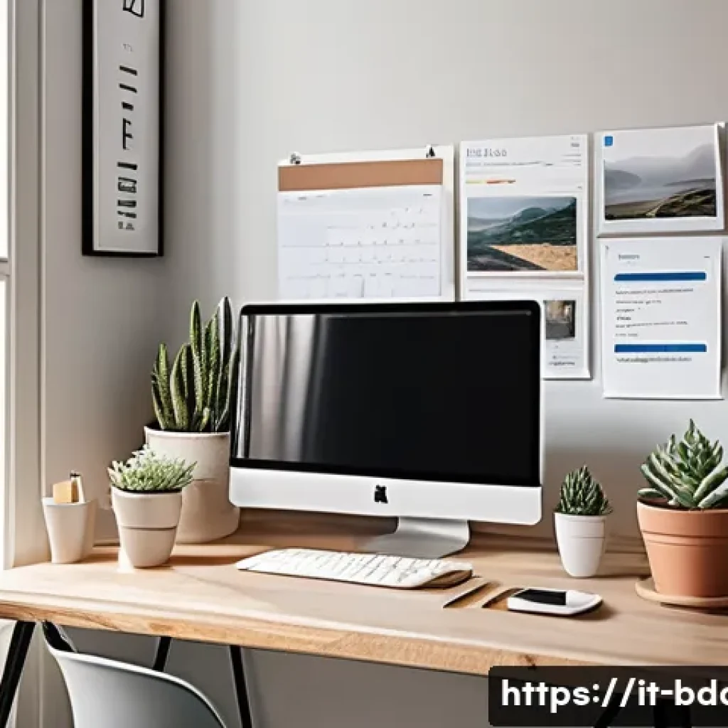 빅데이터 기술자의 워라밸 유지 방법 - A modern, bright home office setup in an Italian apartment, featuring a clean and organized desk wit...
