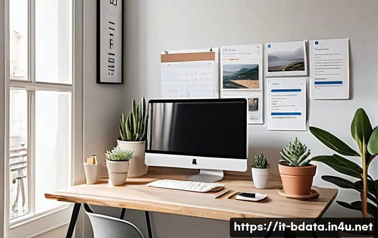 빅데이터 기술자의 워라밸 유지 방법 - A modern, bright home office setup in an Italian apartment, featuring a clean and organized desk wit...