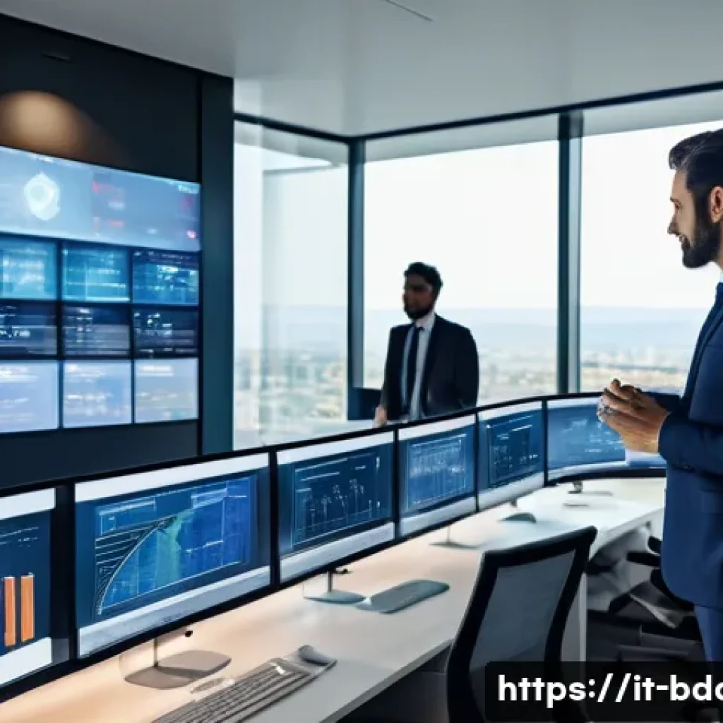 빅데이터 기술자의 리스크 관리 방법 - A high-tech data security control room in a modern Italian office building, with professionals weari...