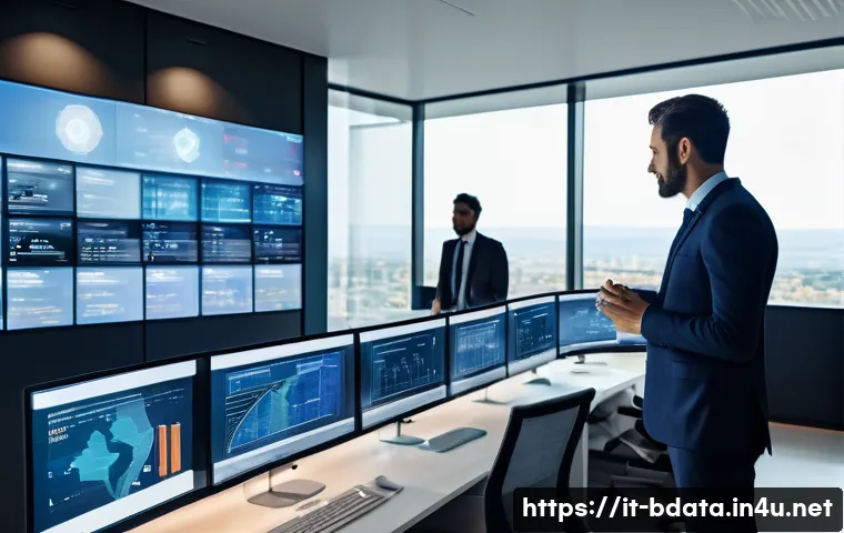 빅데이터 기술자의 리스크 관리 방법 - A high-tech data security control room in a modern Italian office building, with professionals weari...