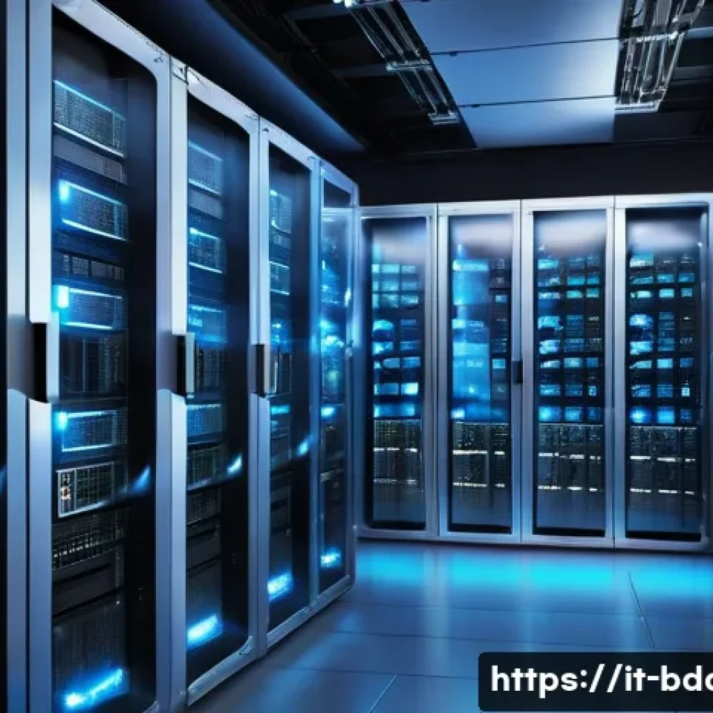 빅데이터 실무에서 로컬 및 클라우드 데이터 활용 - A modern corporate data center blending seamlessly with a cloud computing environment: sleek server ...