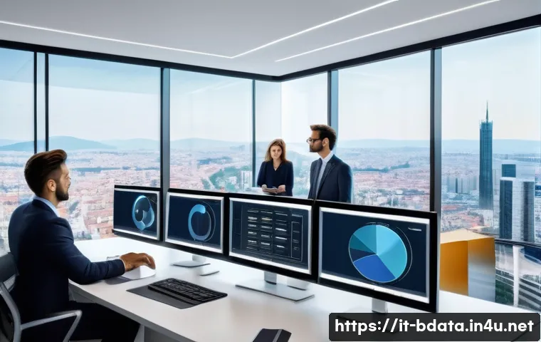 빅데이터와 머신러닝 모델 학습 사례 - A modern Italian retail marketing control room, featuring diverse professionals analyzing dynamic cu...