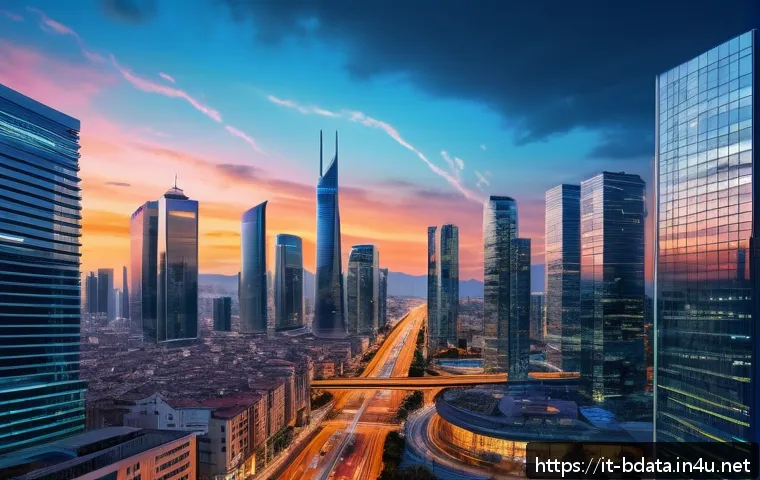 빅데이터와 인공지능의 차이 - A futuristic Italian cityscape at dusk, showcasing advanced smart city technologies with digital dat...
