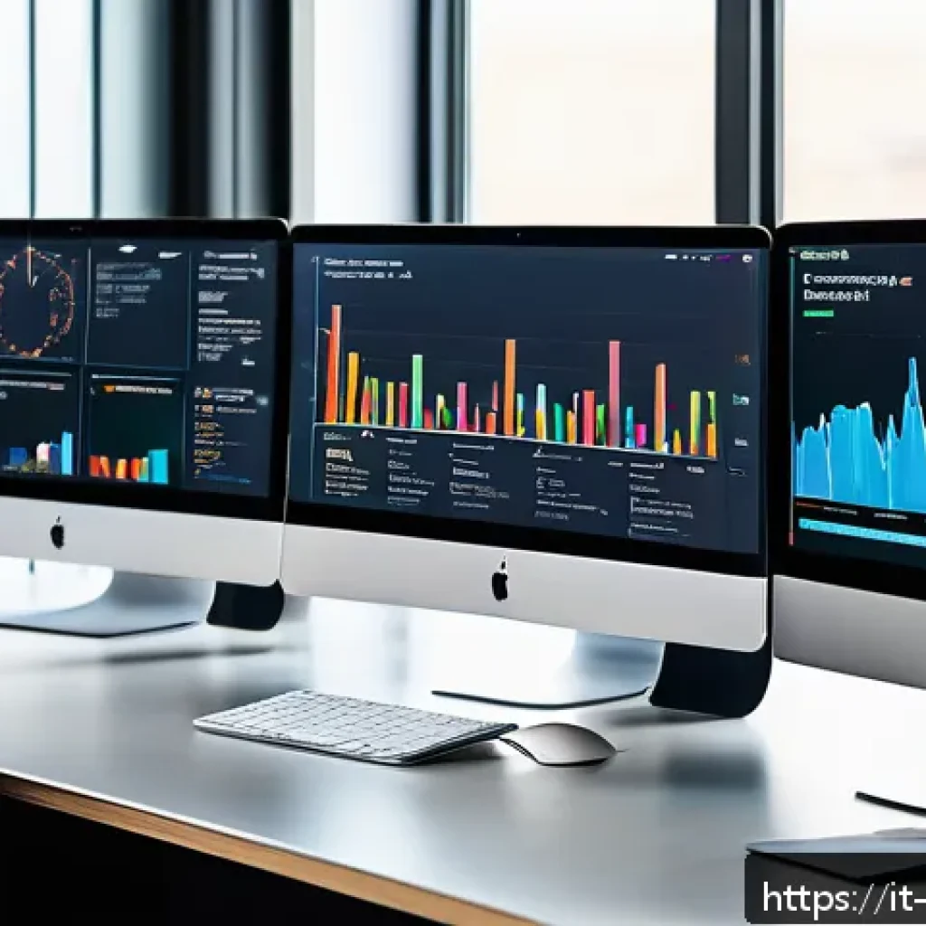 빅데이터 기술자의 Python 활용 팁 - A modern data scientist workspace with multiple large monitors displaying colorful interactive dashb...