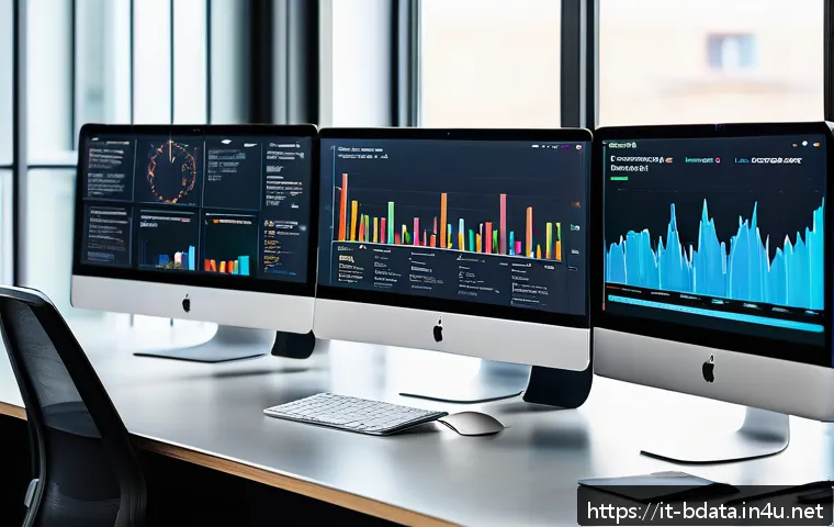 빅데이터 기술자의 Python 활용 팁 - A modern data scientist workspace with multiple large monitors displaying colorful interactive dashb...