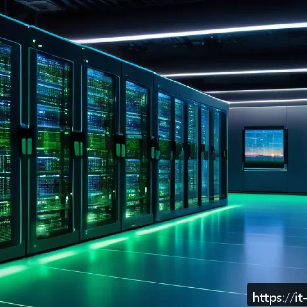 빅데이터 실무와 전산학 이론의 연결 - A futuristic data center with rows of sleek servers glowing softly in blue and green hues, illuminat...