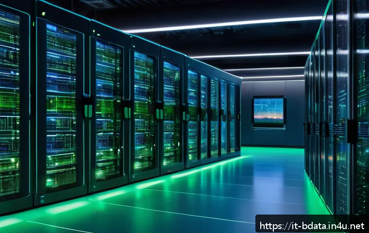 빅데이터 실무와 전산학 이론의 연결 - A futuristic data center with rows of sleek servers glowing softly in blue and green hues, illuminat...