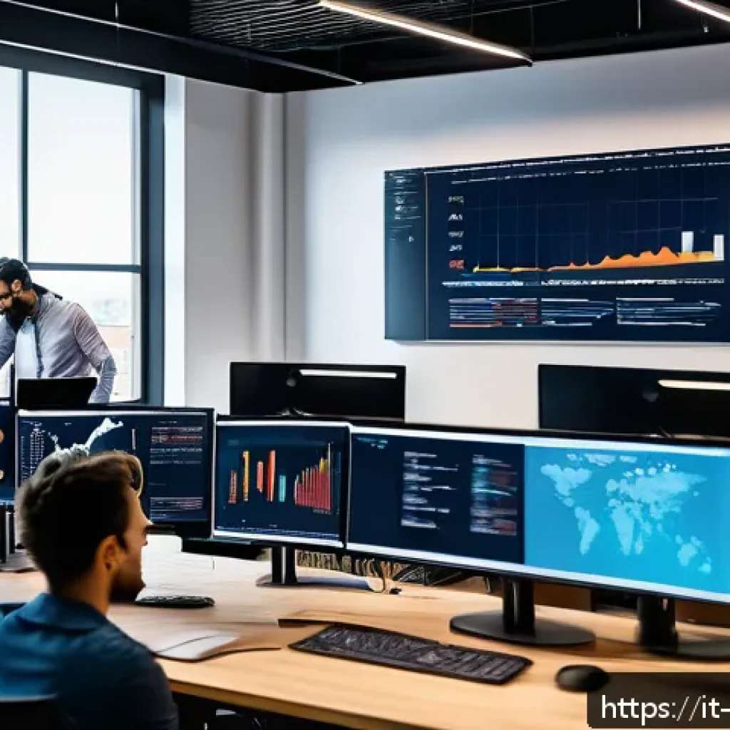 빅데이터 기술자 해외 취업 가이드 - A professional Italian data scientist working in a modern open-plan office with multiple monitors di...