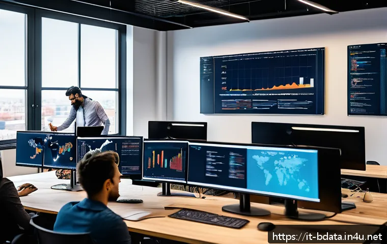 빅데이터 기술자 해외 취업 가이드 - A professional Italian data scientist working in a modern open-plan office with multiple monitors di...