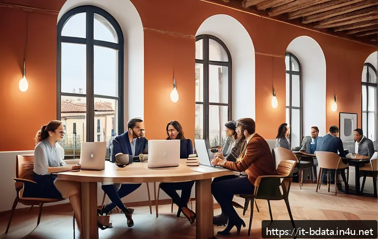 빅데이터 관련 커뮤니티 활용법 - A modern professional networking scene set in an Italian office environment, featuring diverse profe...