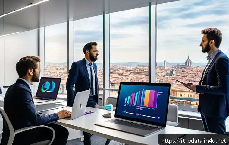 빅데이터 기술자 자기계발 도서 추천 - A modern Italian office setting with a diverse group of professionals collaborating on Big Data anal...
