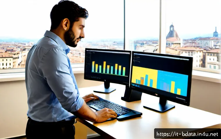 빅데이터 기술자의 데이터 수집 최적화 방법 - Photorealistic Italian data engineer in a modern Milan office, calmly organizing data collection wor...